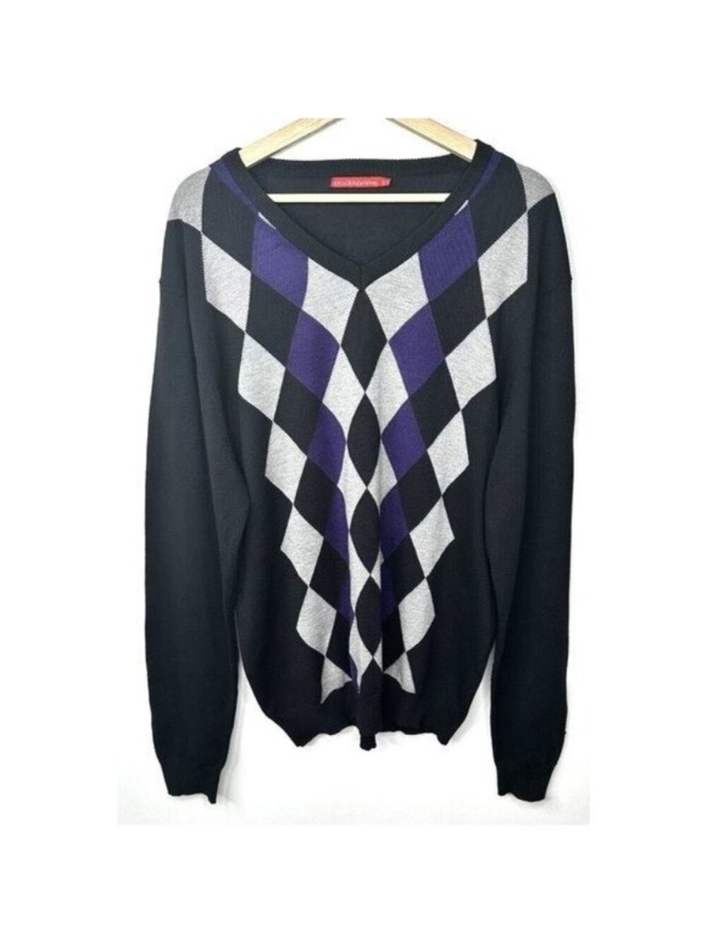 Stockhomme Argyle V Neck Sweater Mens XL Black Gray Purple Acrylic Pullover Knit